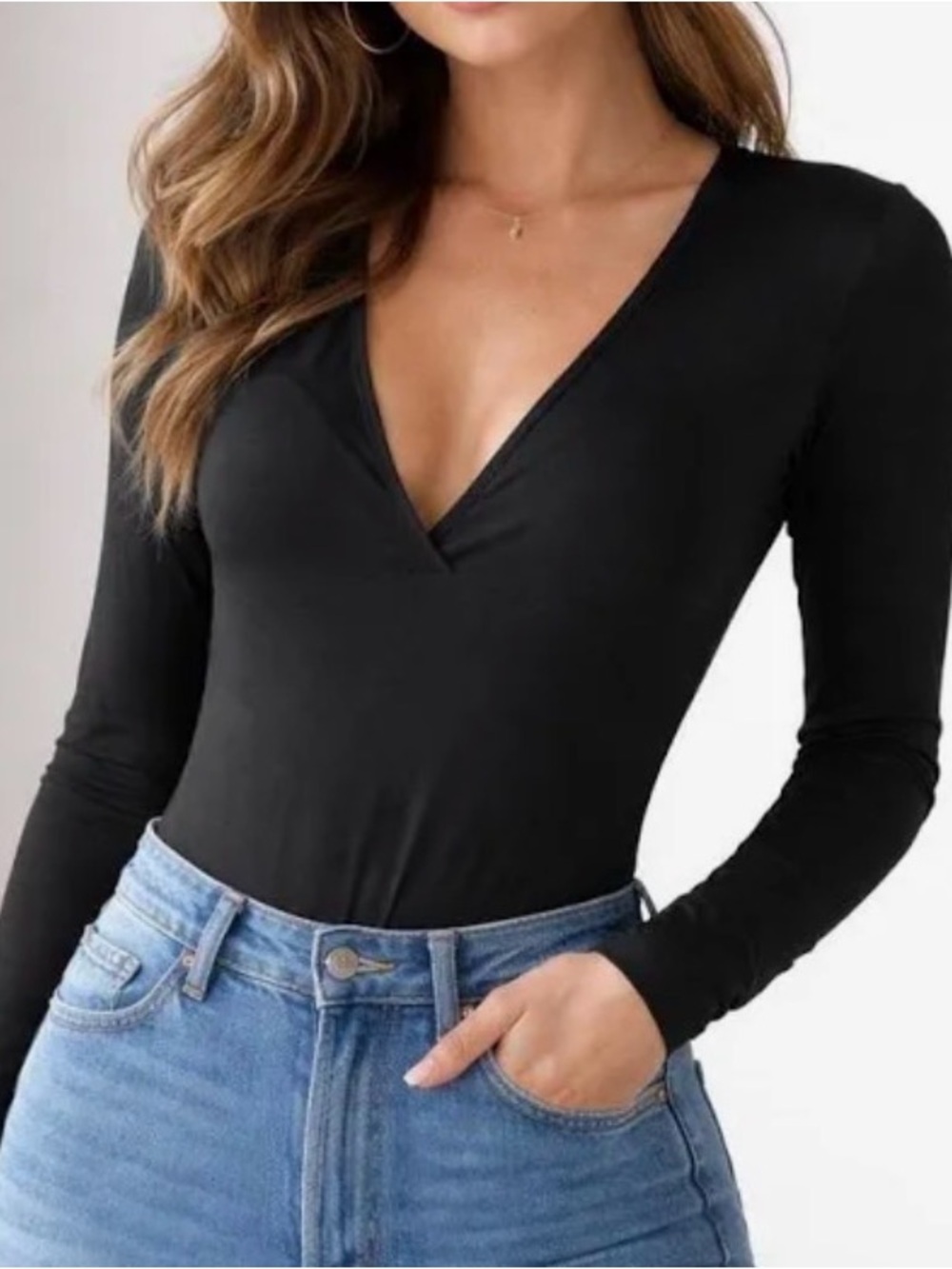 Victoria's Secret Black Long-Sleeve V-Neck Bodysuit Top